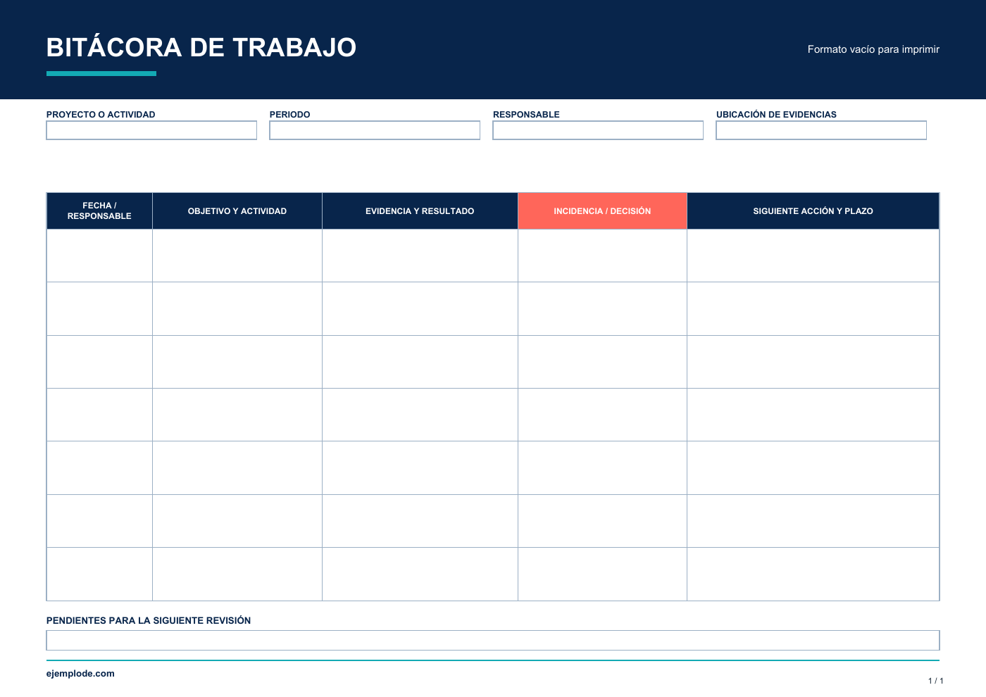 Formato vacío: Bitácora de trabajo