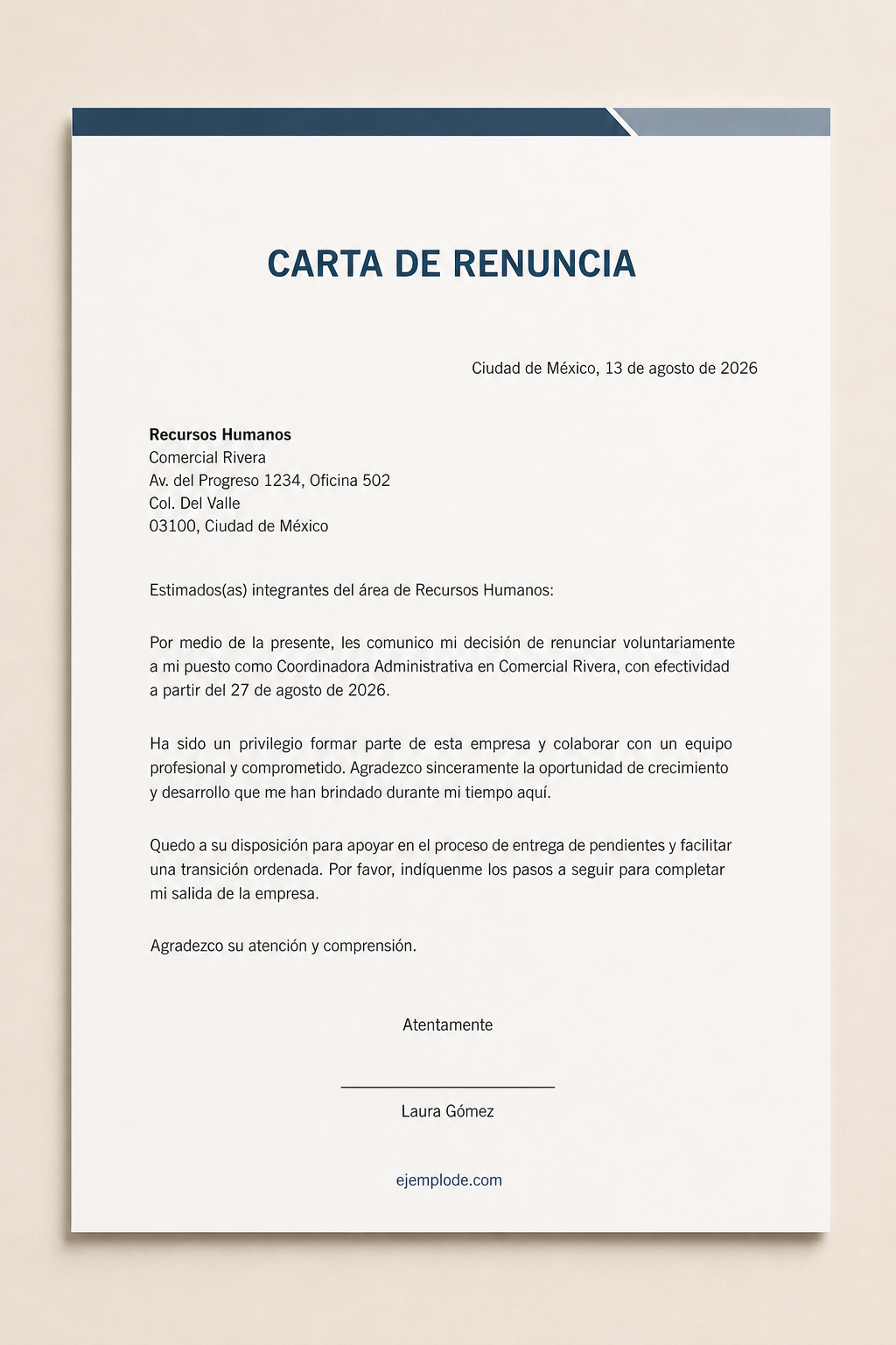 Carta de renuncia laboral ficticia en formato vertical