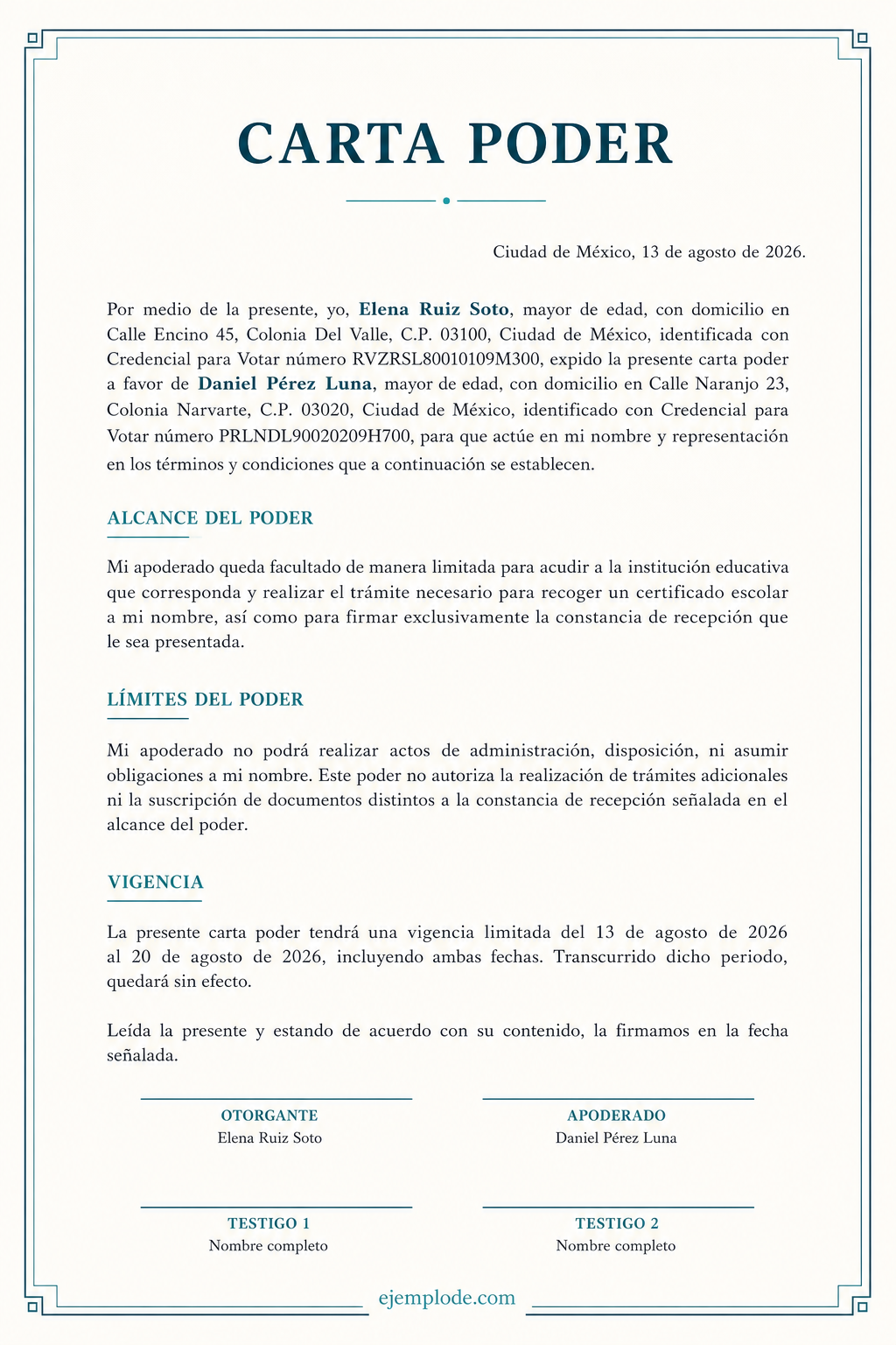 Carta poder ficticia en formato vertical