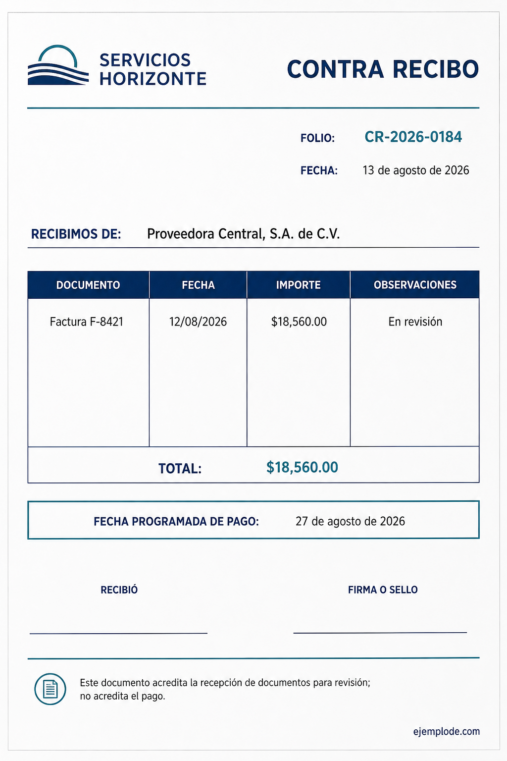 Contra recibo ficticio con factura, importe y fecha programada de pago
