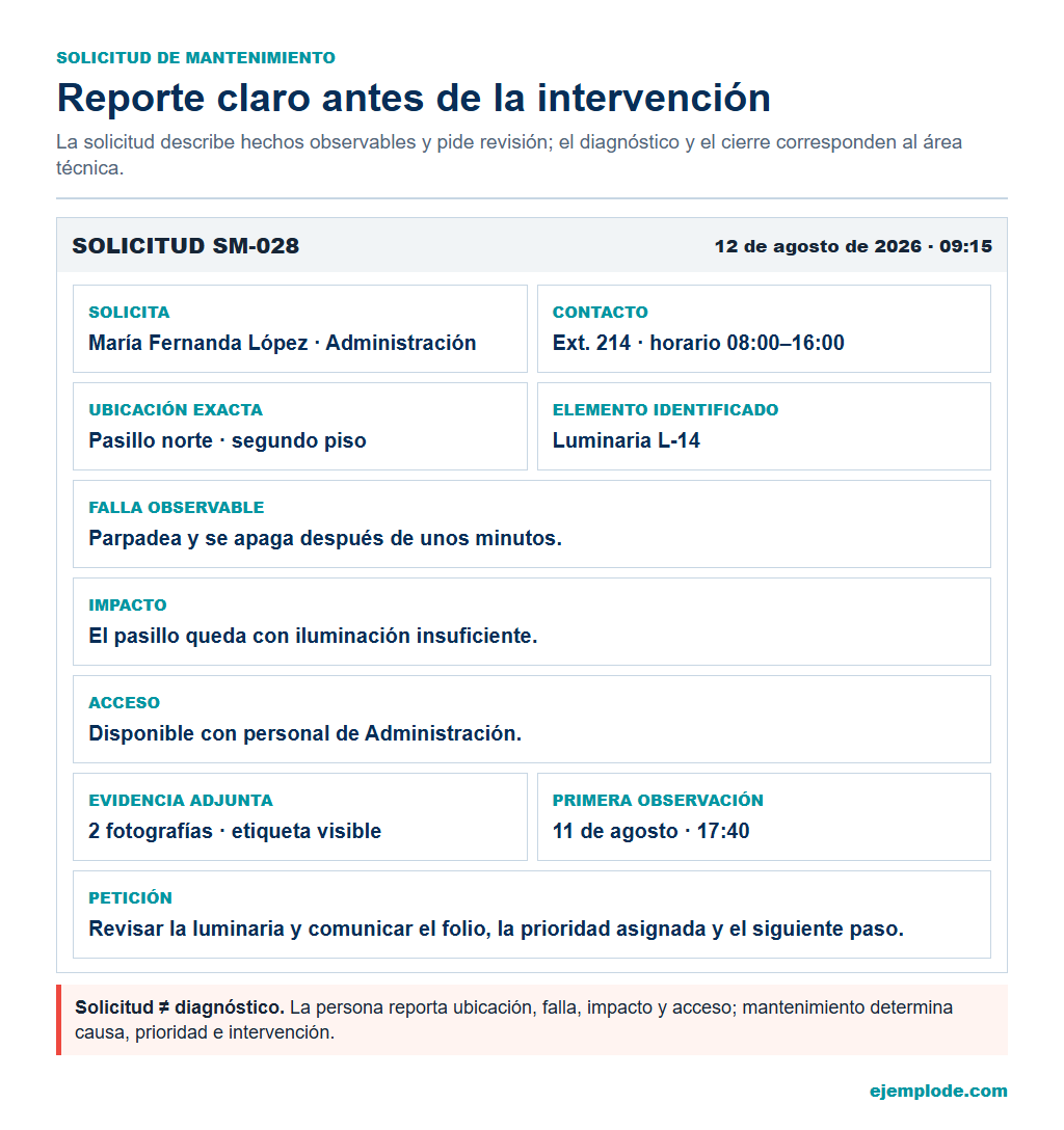 Solicitud de mantenimiento ficticia en formato vertical
