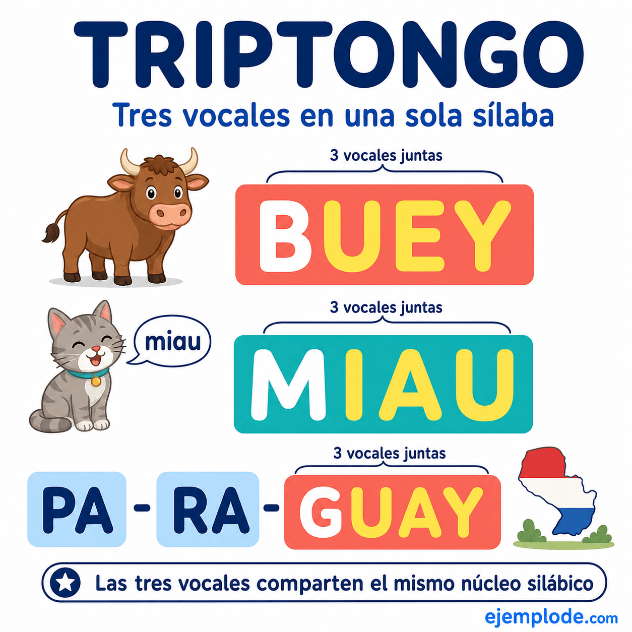 Explicación visual de Triptongo con un ejemplo didáctico
