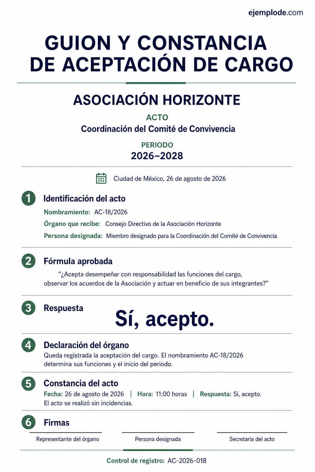 Guion y constancia de aceptación de un cargo privado con nombramiento, fórmula, respuesta y firmas