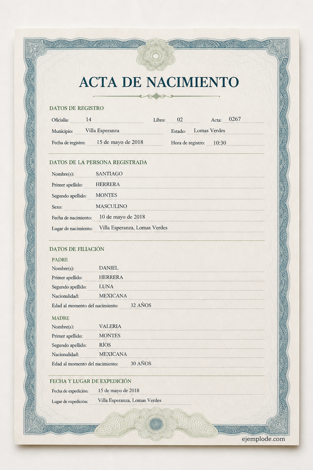 Acta de nacimiento de muestra con datos de registro, persona registrada y filiación