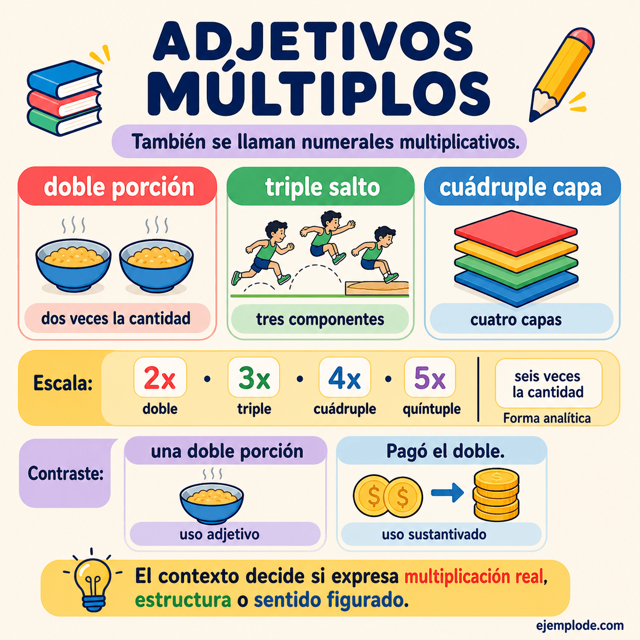 Infografía educativa sobre Adjetivos múltiplos con ejemplos y claves de reconocimiento