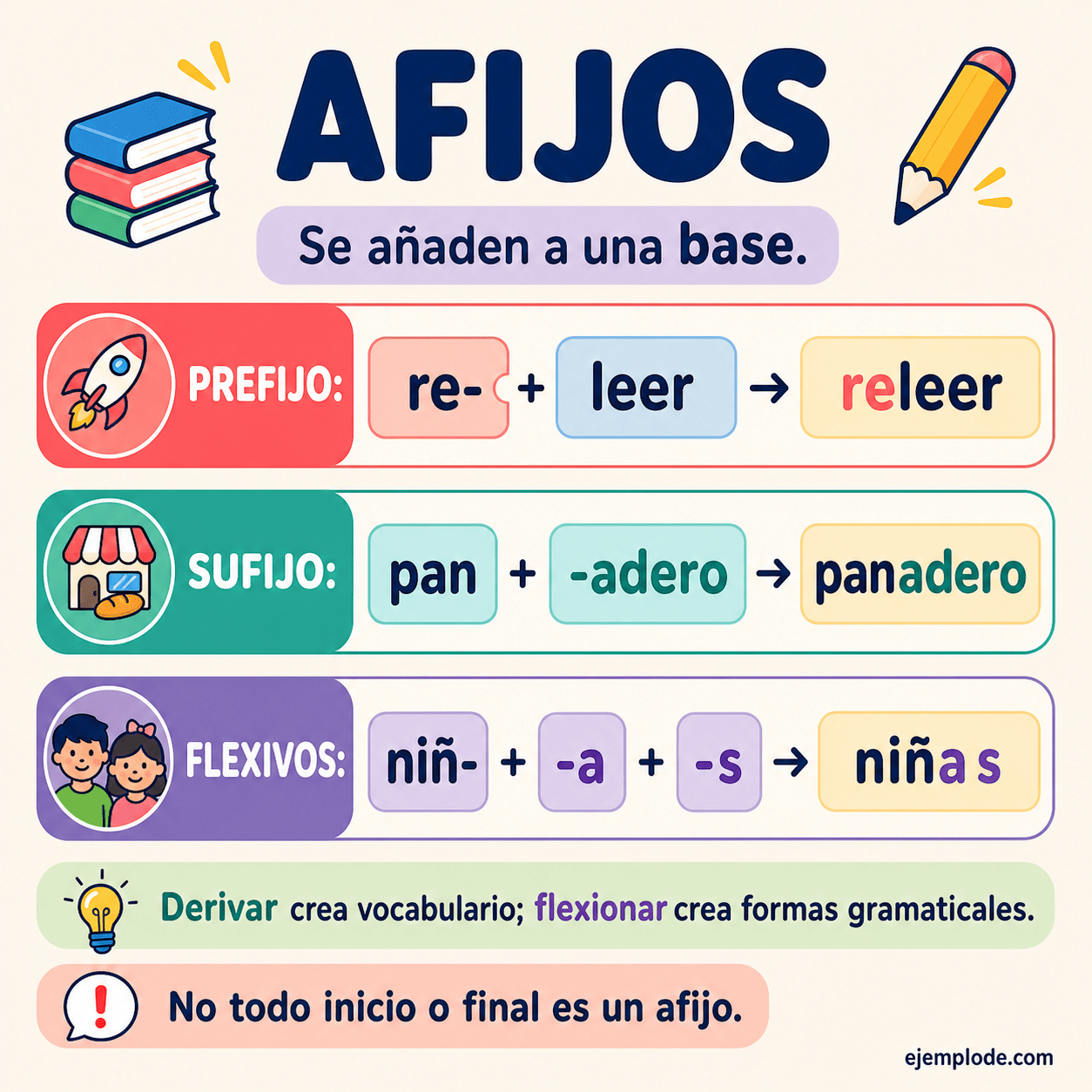Formación de releer, panadero y niñas mediante prefijo, sufijo y flexión