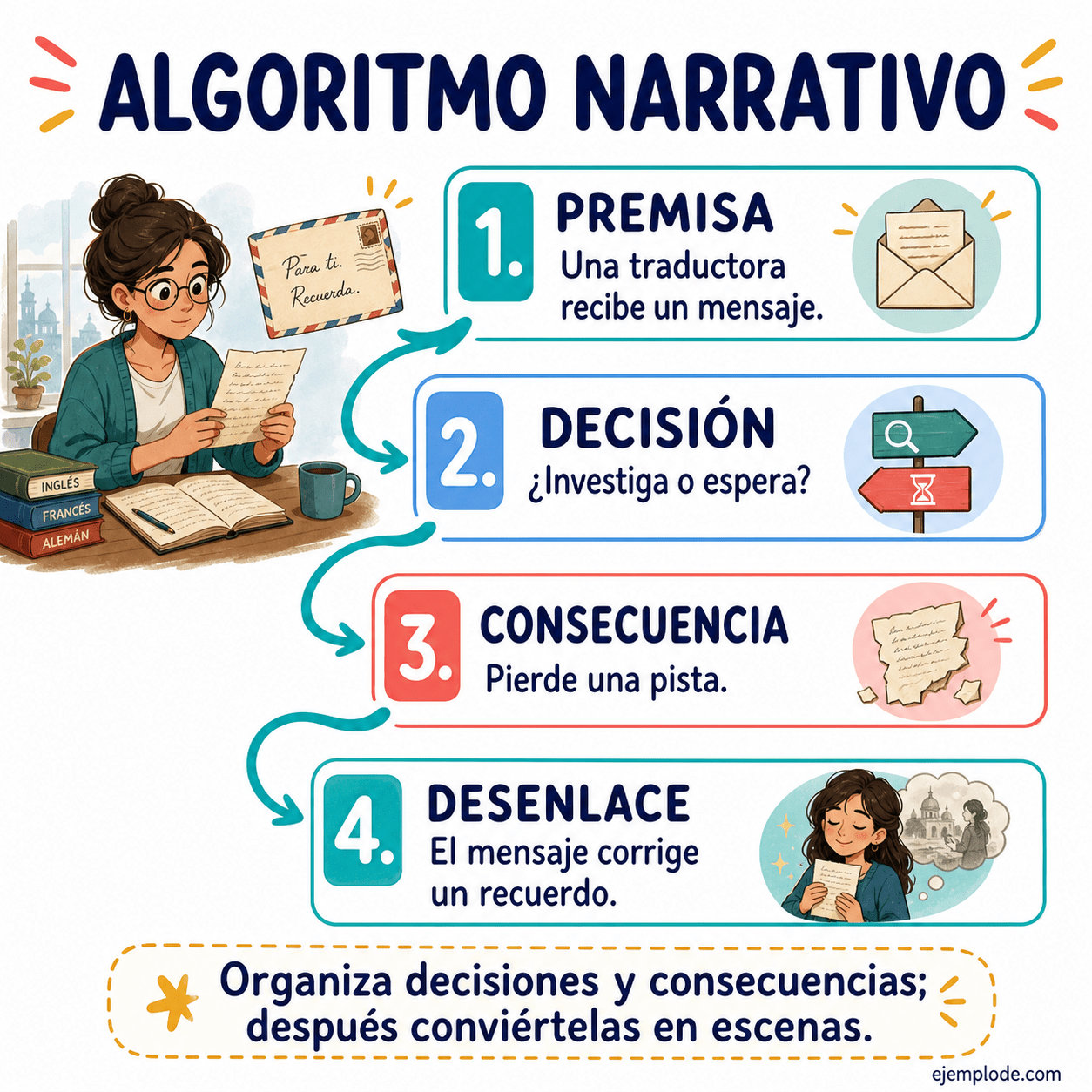 Explicación visual de Algoritmo narrativo con un ejemplo didáctico