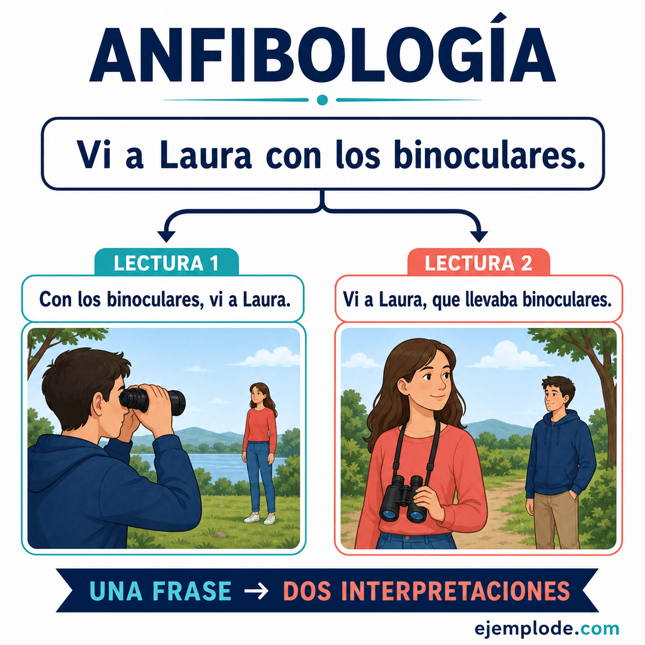 Explicación visual de Anfibología con un ejemplo didáctico