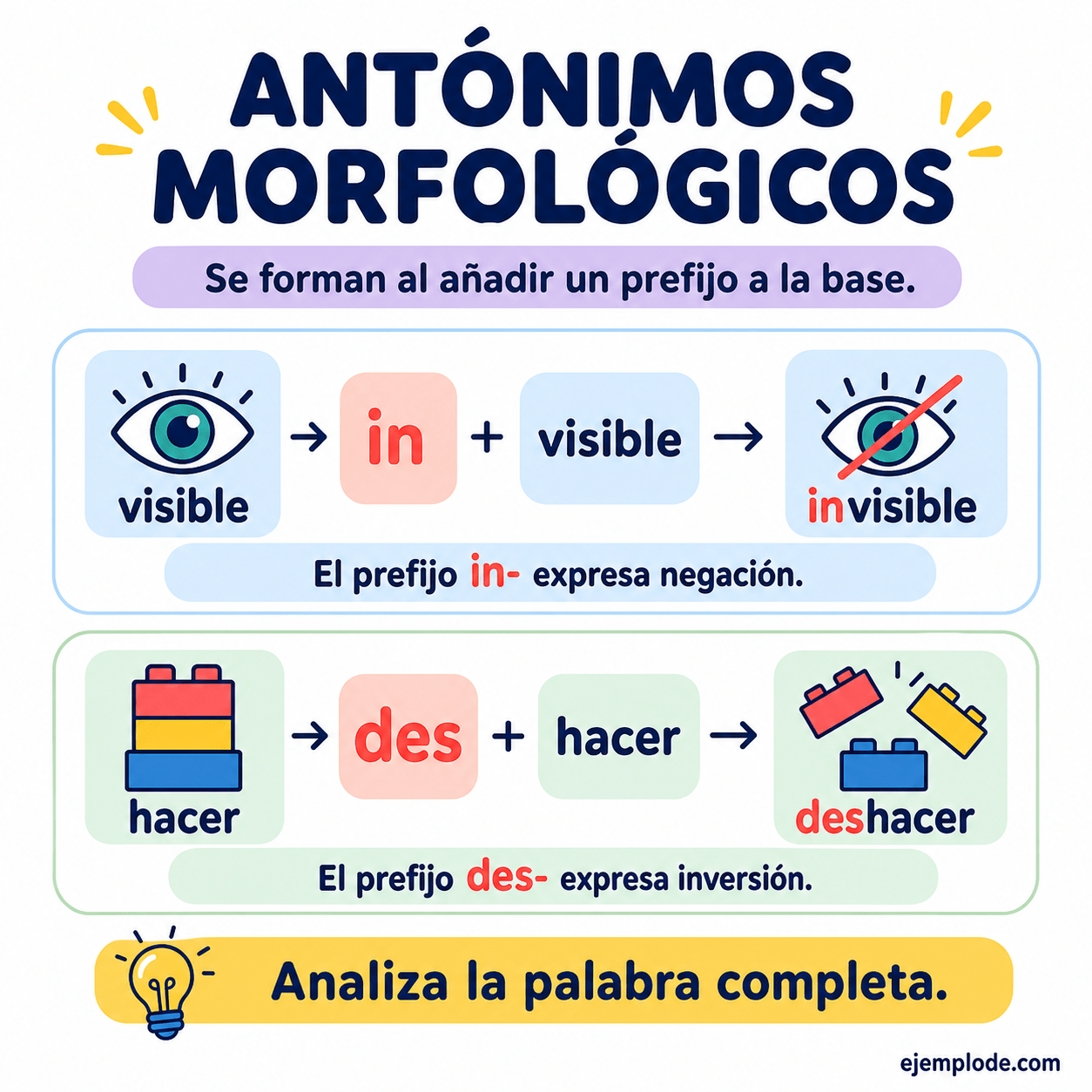 Infografía educativa sobre Antónimos morfológicos con ejemplos y claves de reconocimiento