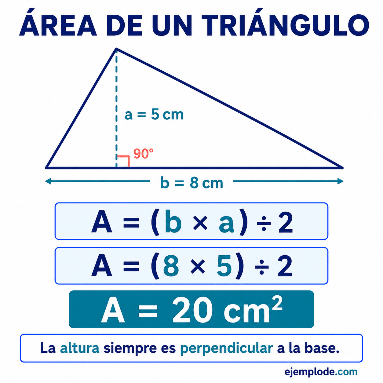 Triángulo con base de ocho centímetros y altura perpendicular de cinco centímetros cuyo área es veinte centímetros cuadrados