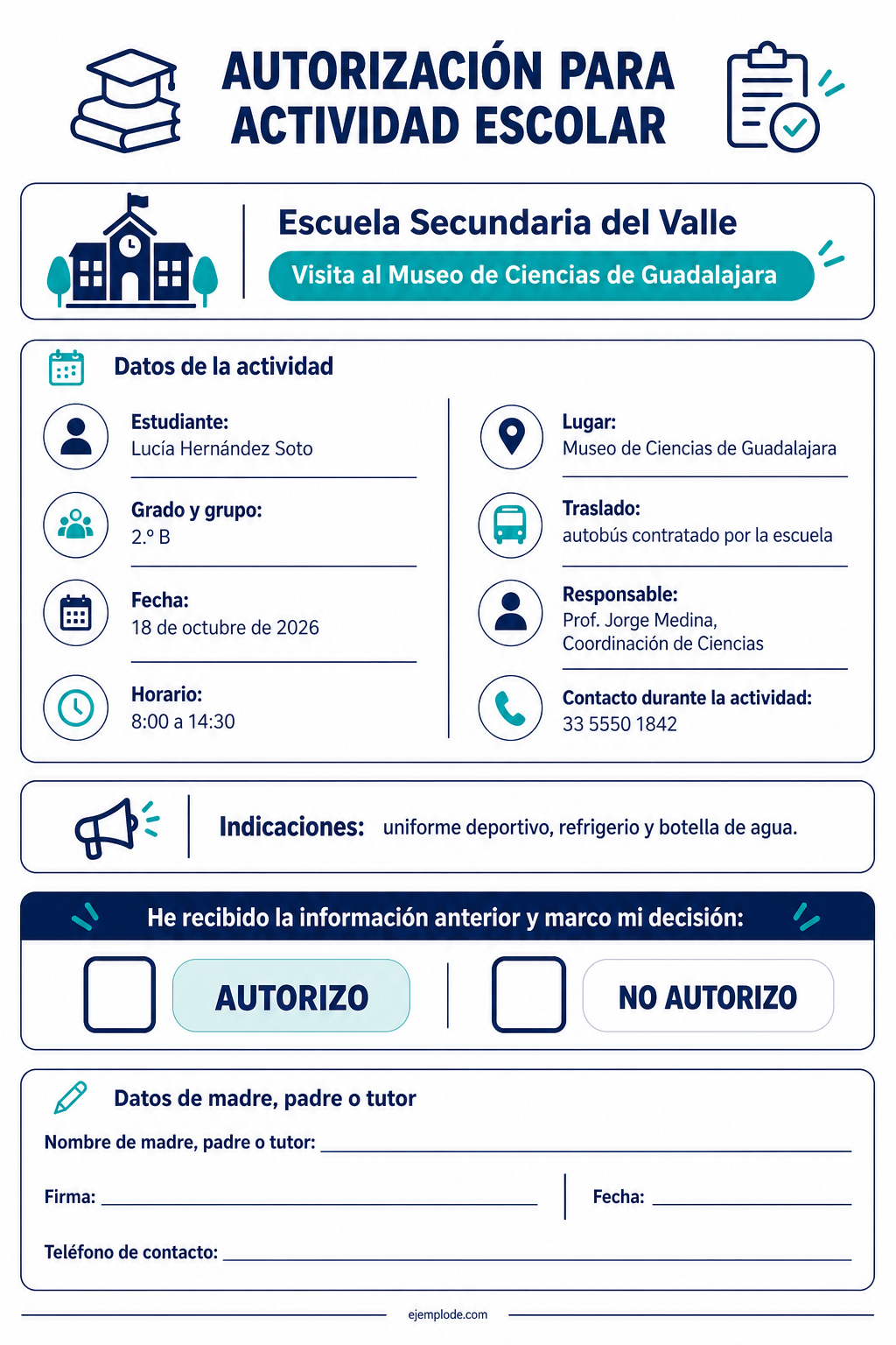 Autorización escolar con actividad completa y decisión, nombre y firma familiares vacíos