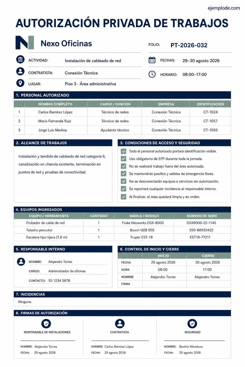 Autorización privada completa para trabajos de contratistas con personal, equipos, horario, seguridad y firmas