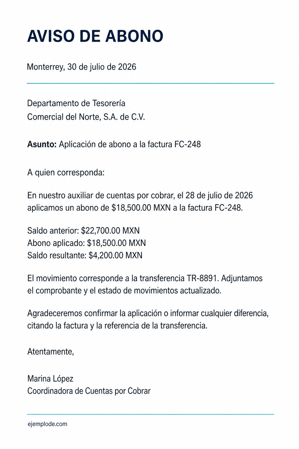 Aviso de abono completo con factura, saldo anterior, movimiento, saldo resultante y transferencia