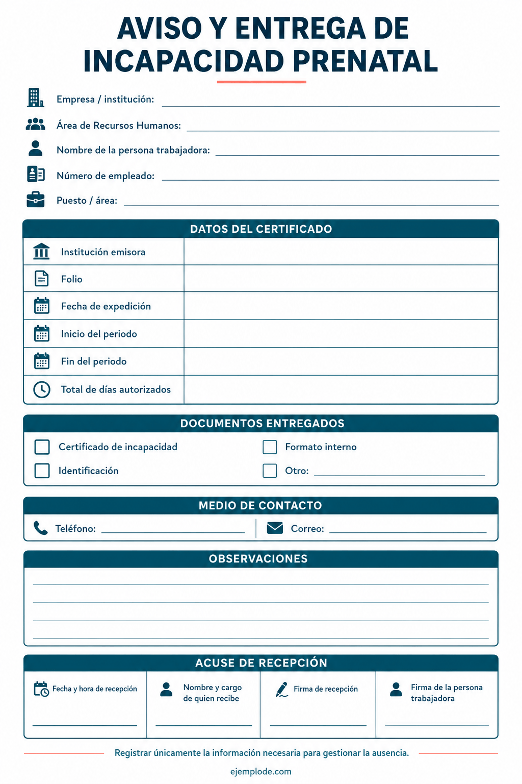 Formato vacío de aviso y entrega de incapacidad prenatal con datos del certificado y acuse