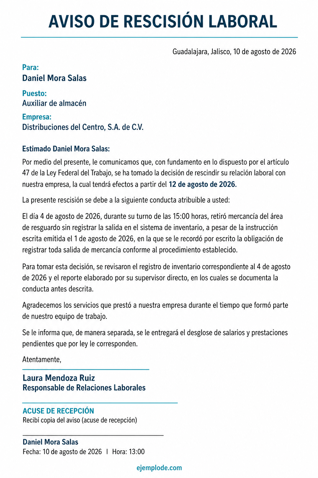 Carta completa de aviso de rescisión laboral en México con hechos, fechas, firma y acuse