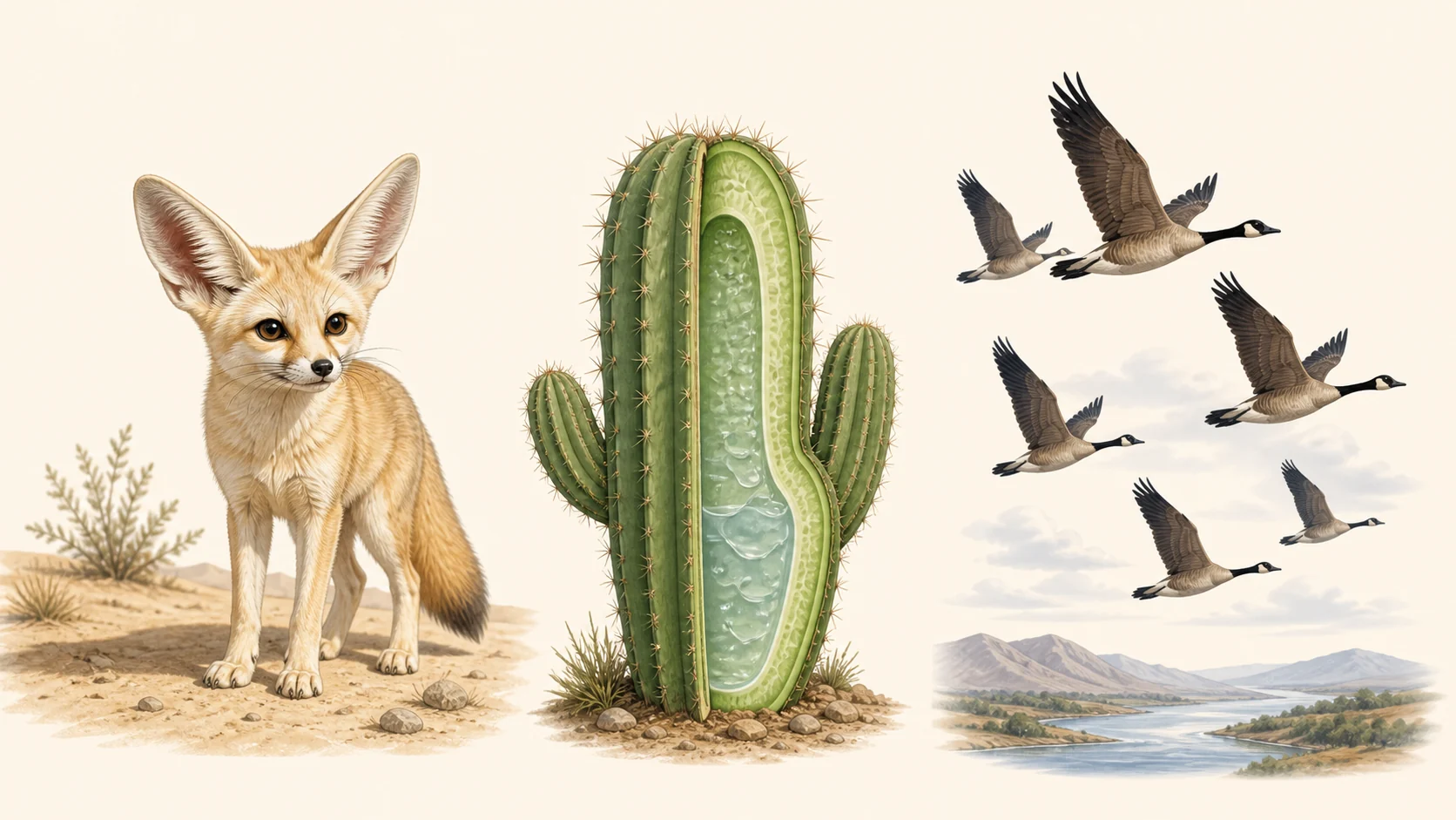 Zorro del desierto, cactus con reserva de agua y aves migratorias