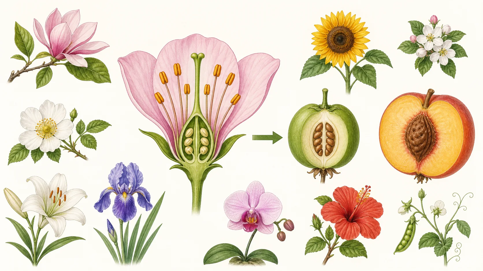 Secuencia de flor, fruto y semillas en una angiosperma