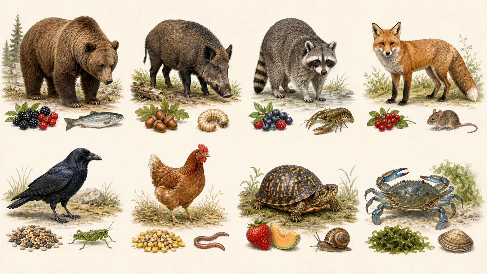 Ejemplos de animales omnívoros junto a alimentos vegetales y animales