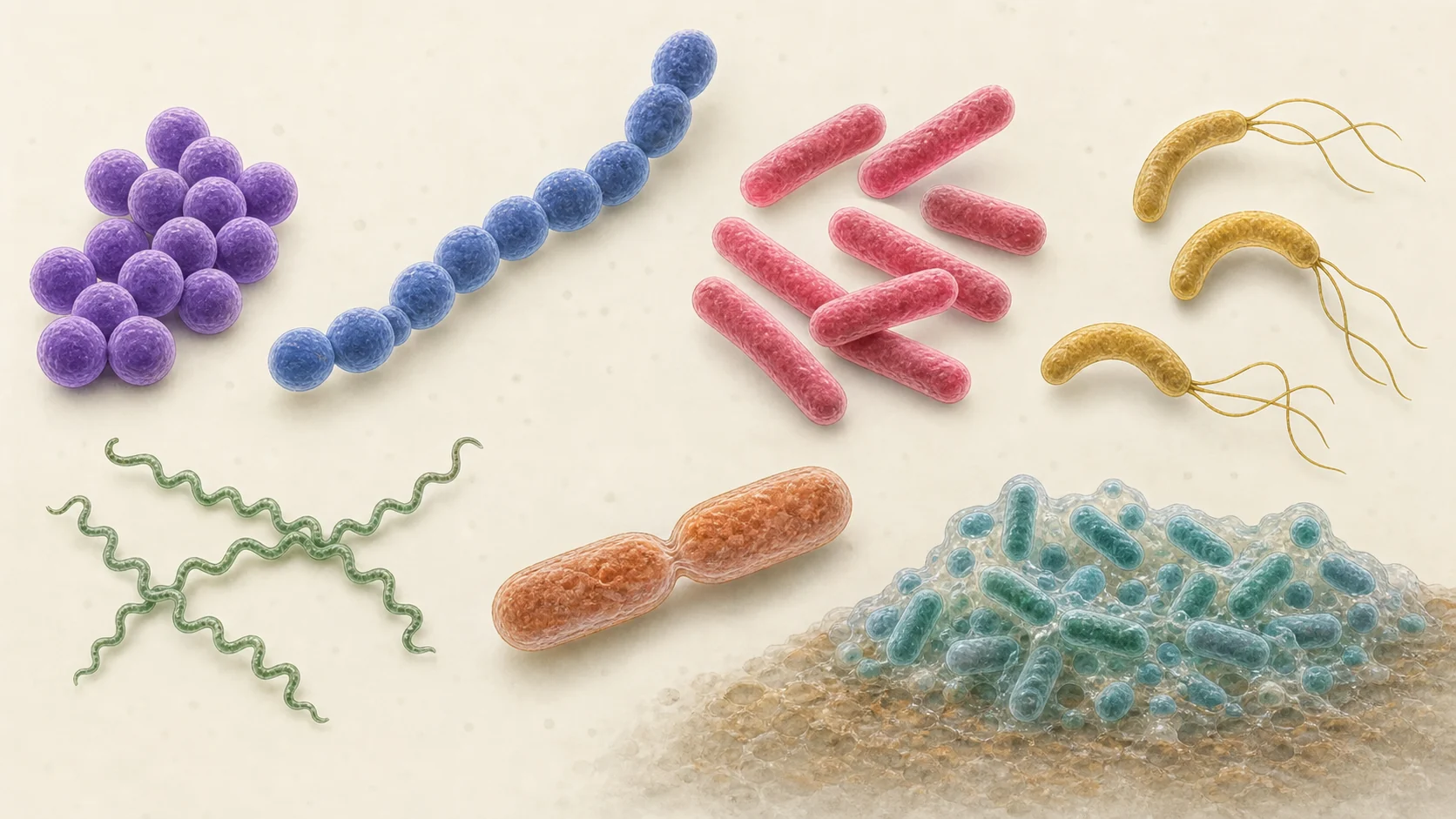 Cocos, bacilos, vibrios, espirilos y bacterias dentro de una biopelícula