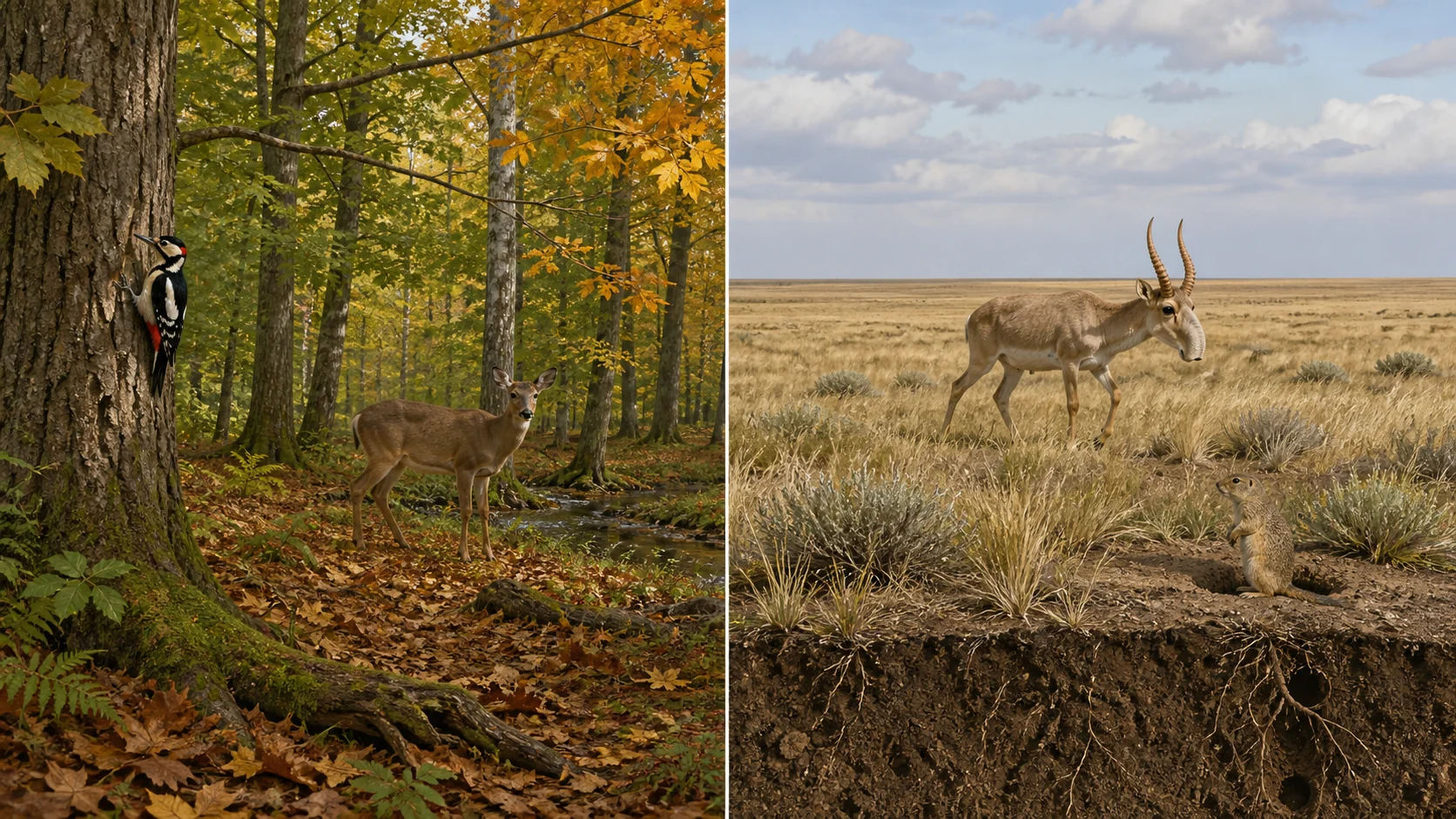 Comparación visual entre un bosque templado y una estepa de pastos