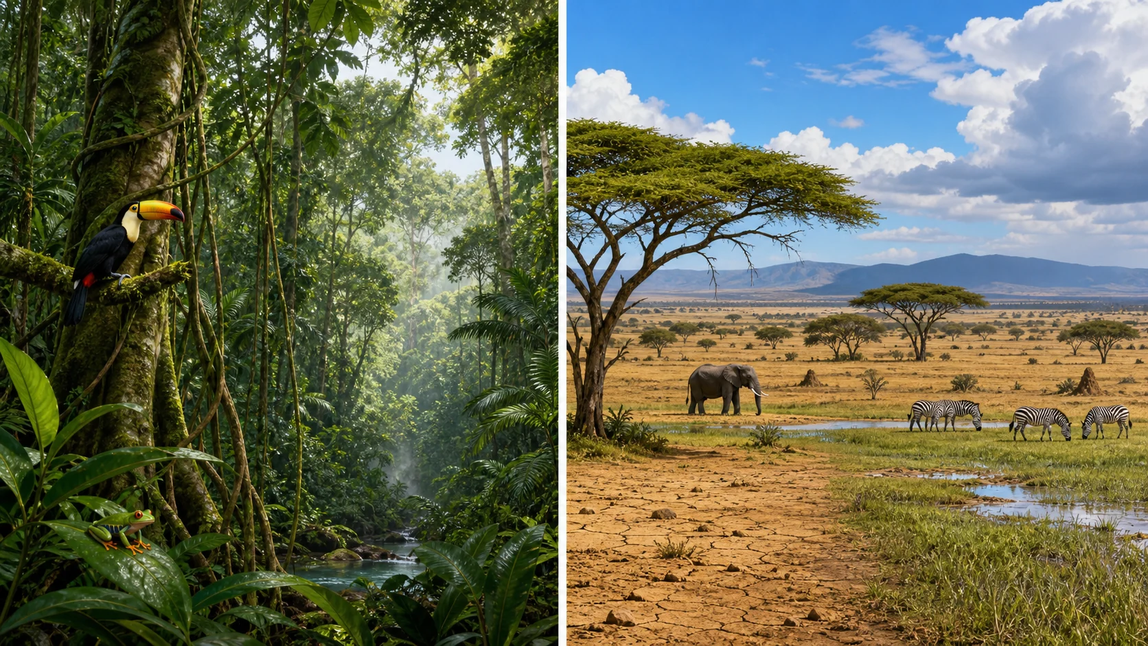 Comparación visual entre una selva tropical húmeda y una sabana de pastos con árboles dispersos