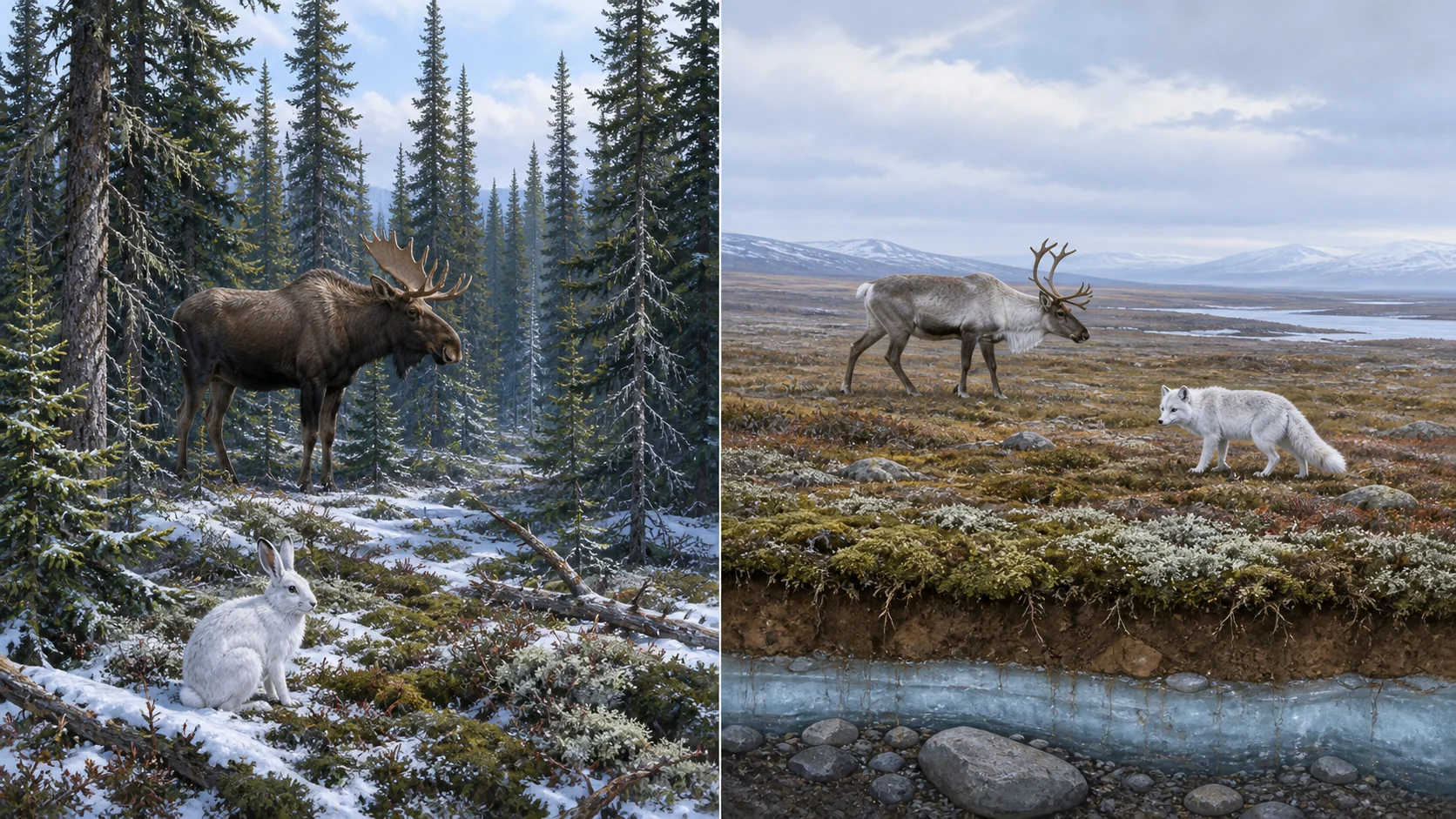 Comparación visual entre la taiga de coníferas y la tundra sin árboles