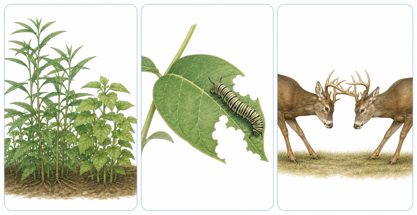 Plantas y venados que compiten junto con una oruga que consume una hoja