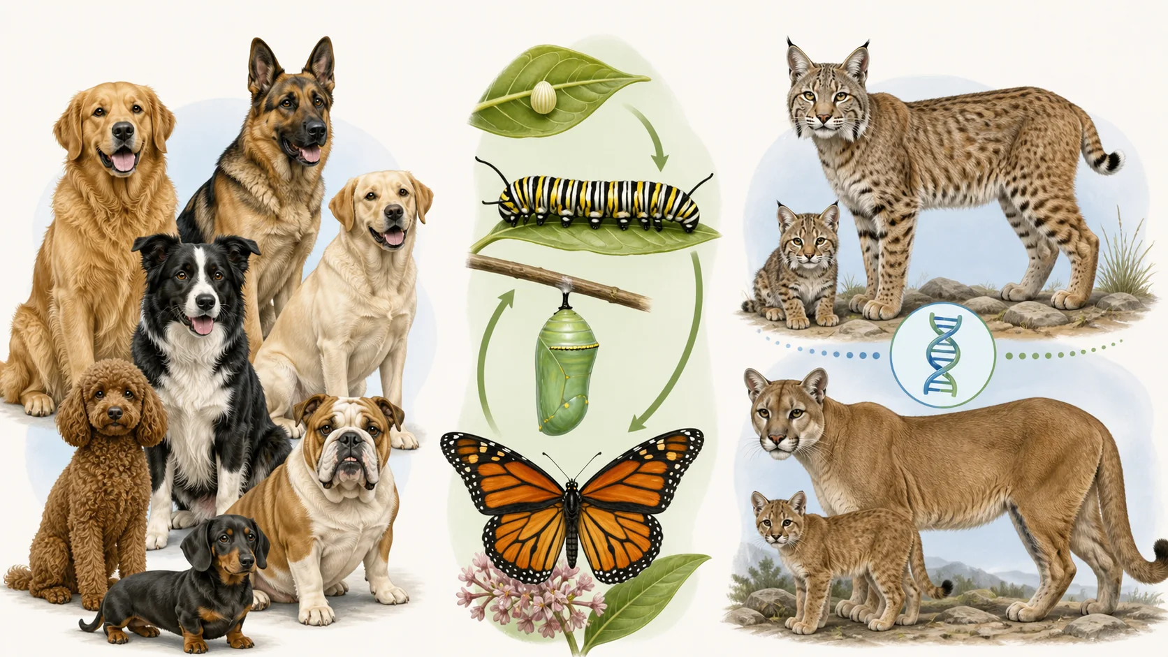 Razas de perros, ciclo de una mariposa y grupos de felinos