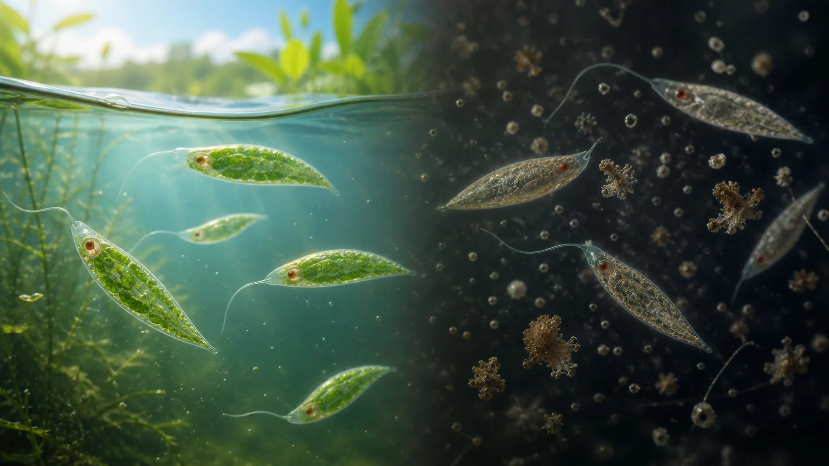 Euglenas verdes bajo la luz y células usando materia orgánica en oscuridad