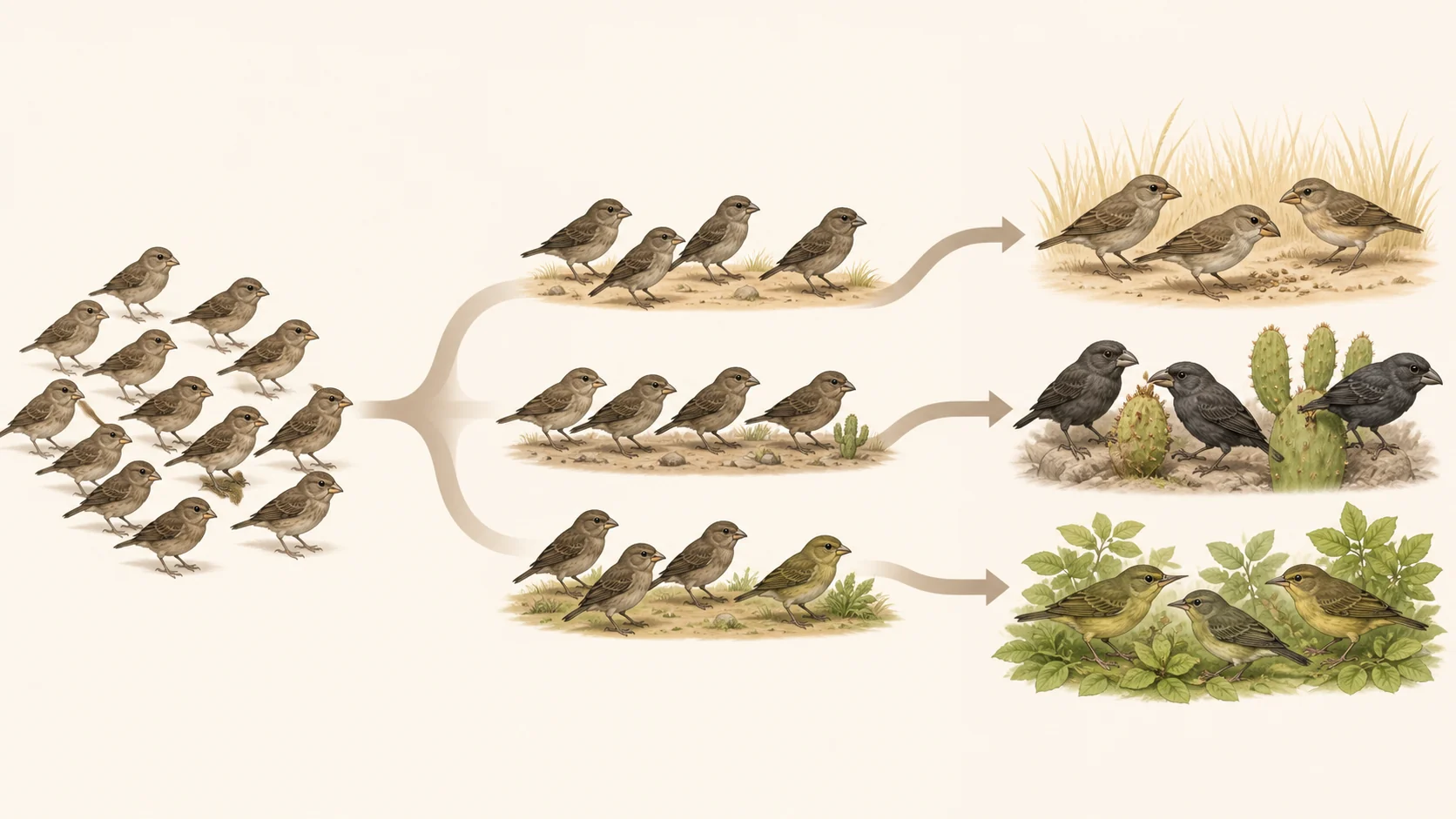 Población ancestral de aves que se divide y cambia en ambientes distintos