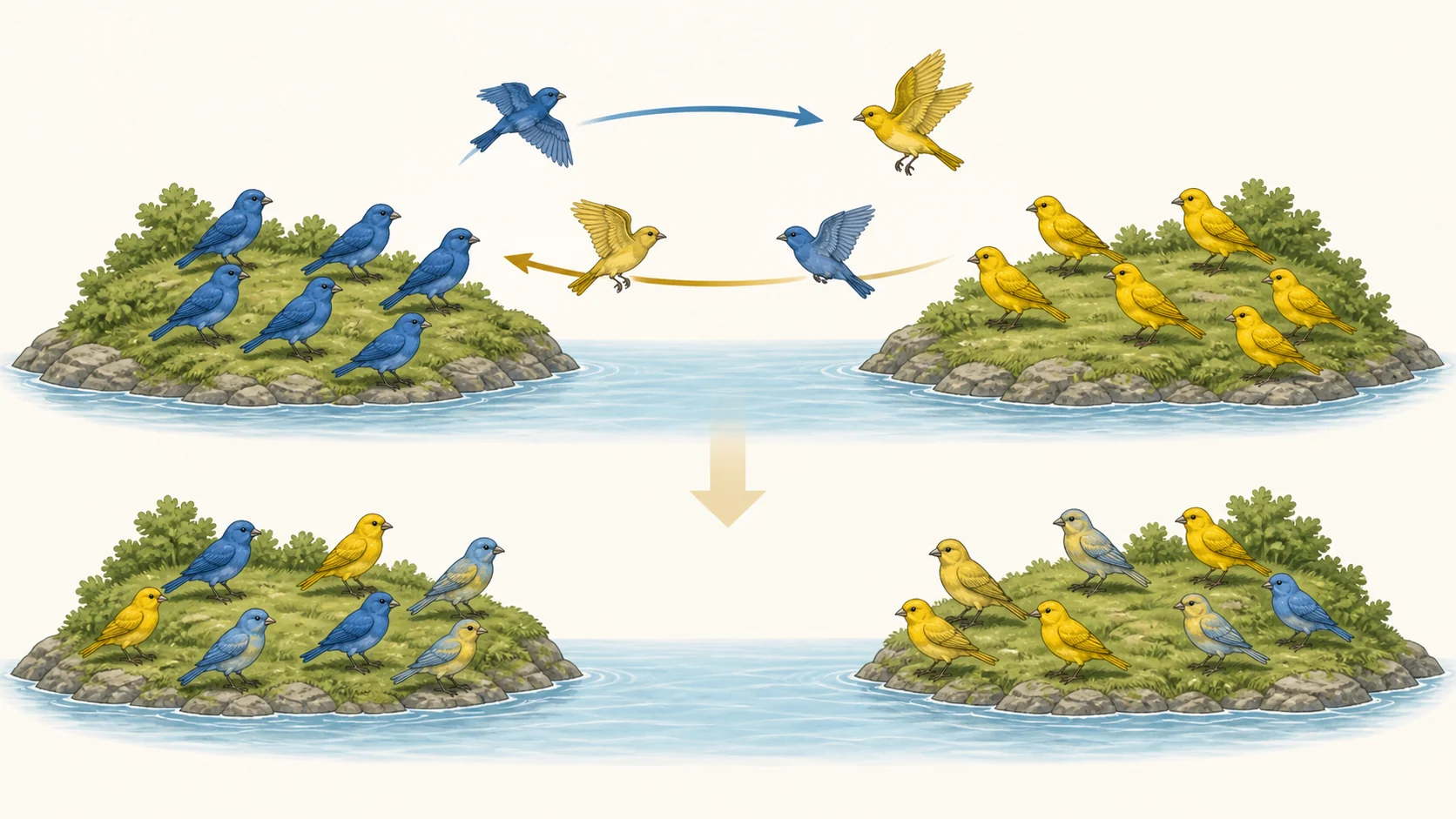 Aves azules y amarillas se desplazan entre dos islas y producen poblaciones mezcladas