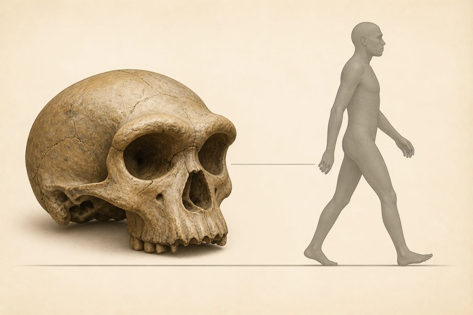 Reconstrucción didáctica del cráneo y las proporciones corporales de Homo erectus