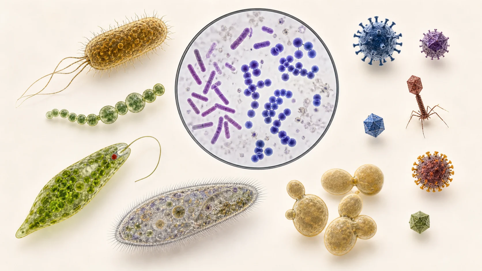 Bacterias, cianobacterias, protistas, levaduras y virus observados a escala microscópica