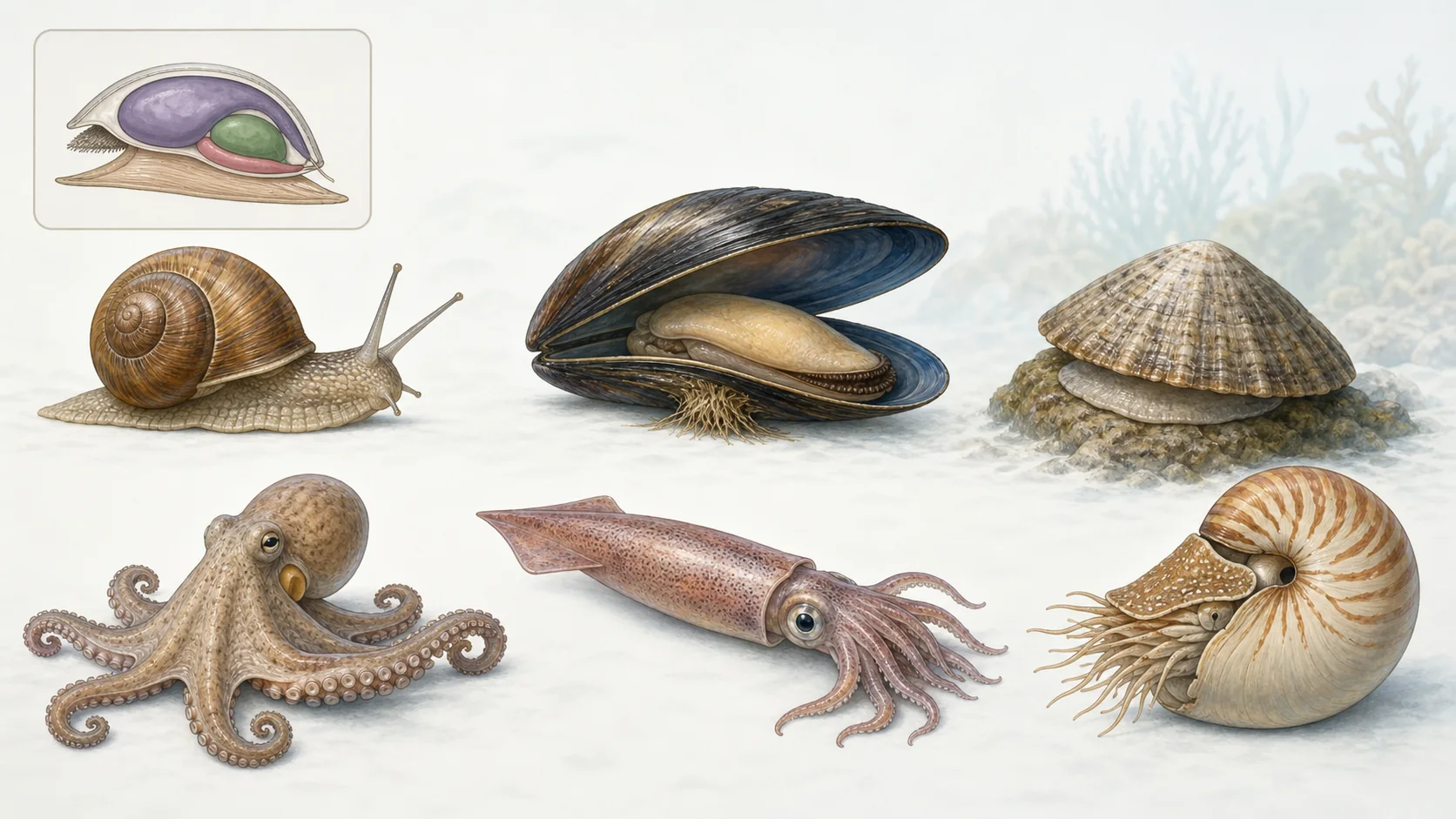 Caracol, mejillón, lapa, pulpo, calamar y nautilo