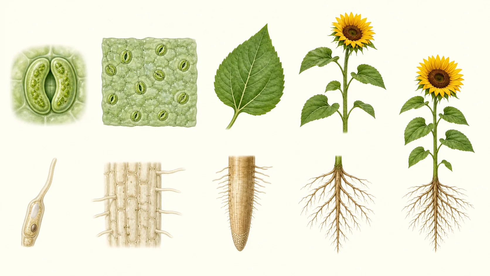 Niveles de organización de un girasol desde células especializadas hasta el organismo completo