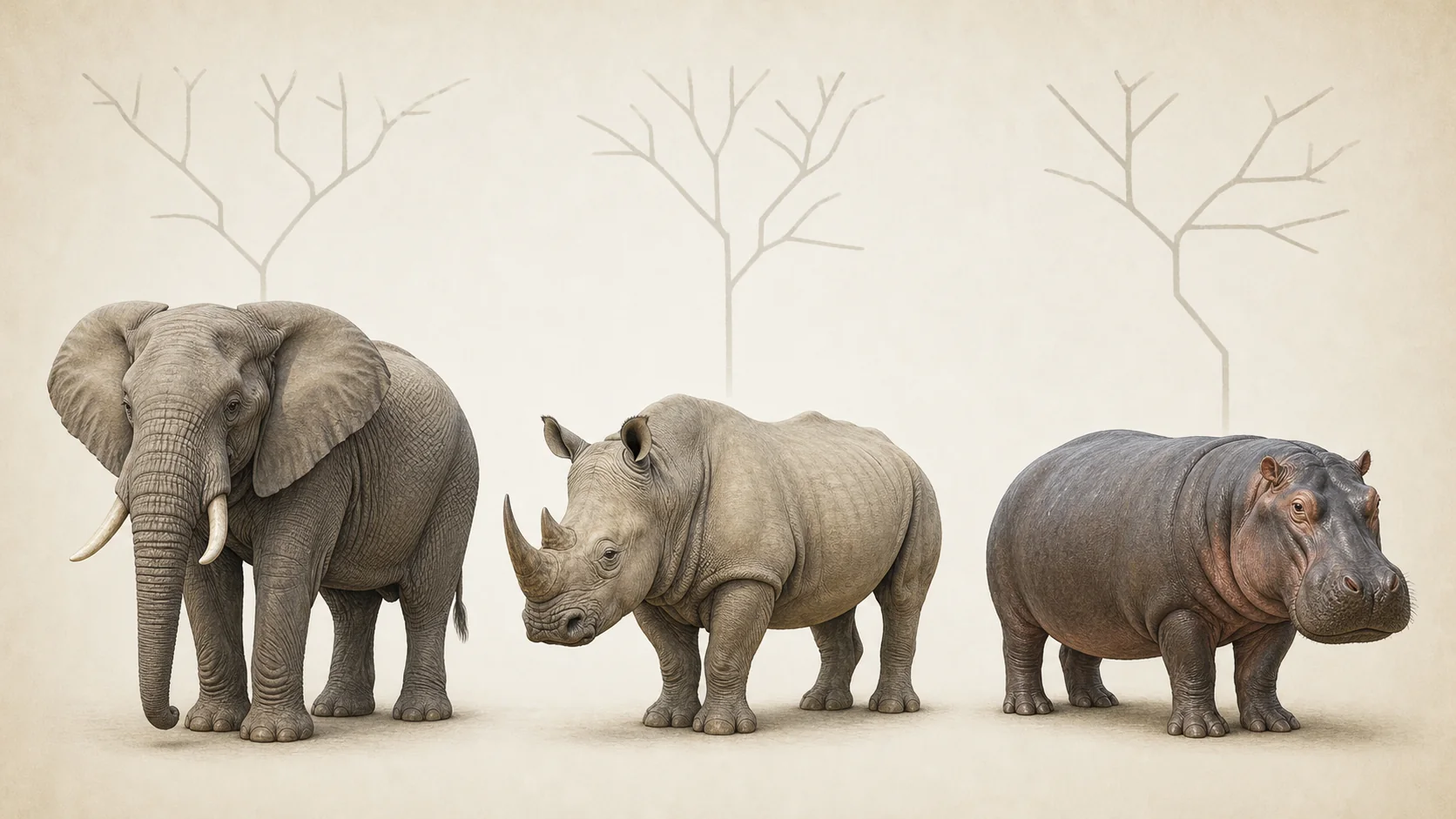 Elefante, rinoceronte e hipopótamo delante de ramas evolutivas separadas
