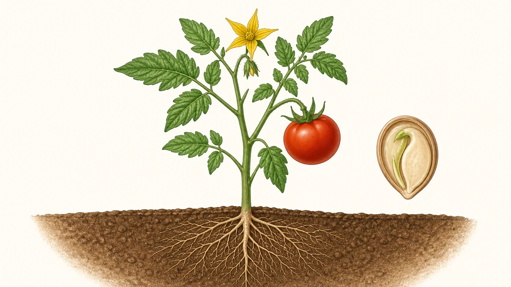 Planta de tomate con raíces, tallo, hojas, flor, fruto y semilla