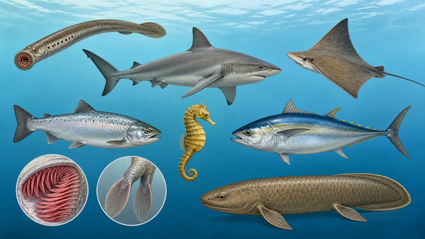 Lamprea, tiburón, raya y varios peces óseos con detalles de branquias y aletas