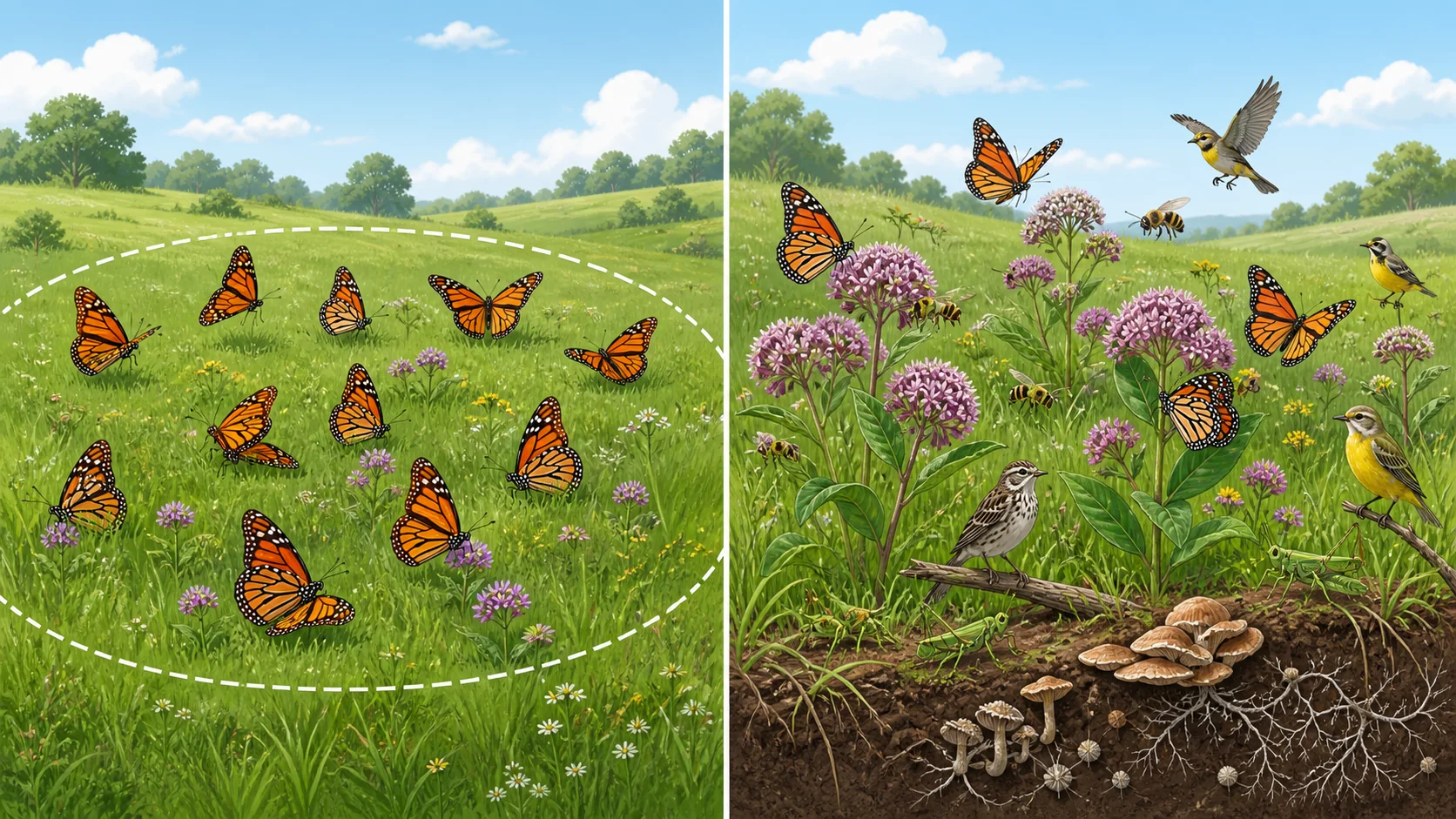 Comparación visual entre una población de mariposas y una comunidad de varias especies