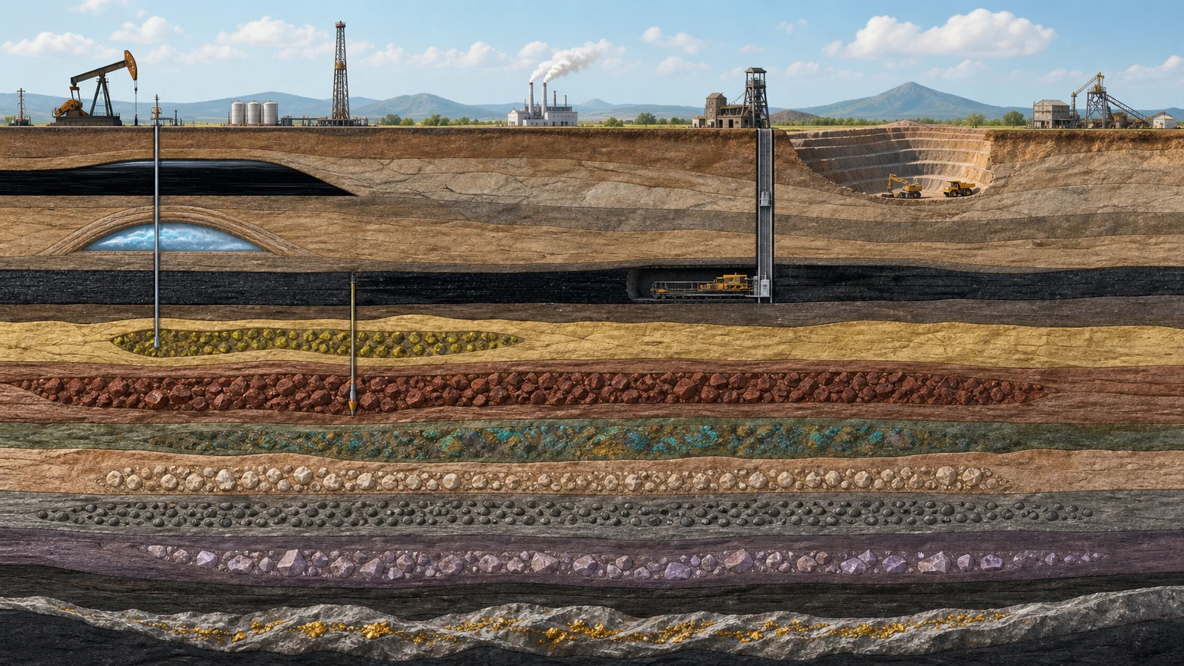 Corte del subsuelo con petróleo, gas, carbón y depósitos minerales