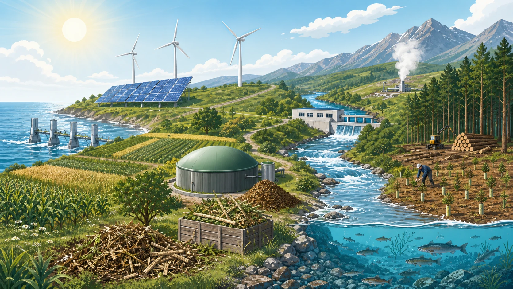 Paisaje con sol, viento, agua, cultivos, bosque, peces, biomasa y geotermia