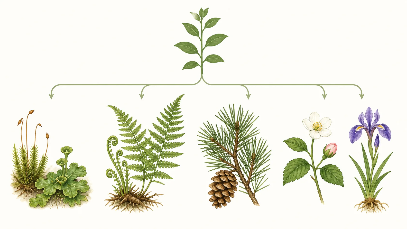 Diversidad de plantas terrestres desde briofitas hasta plantas con flor