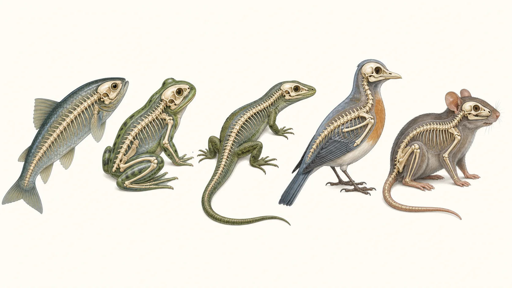 Pez, rana, lagarto, ave y ratón con su esqueleto interno visible