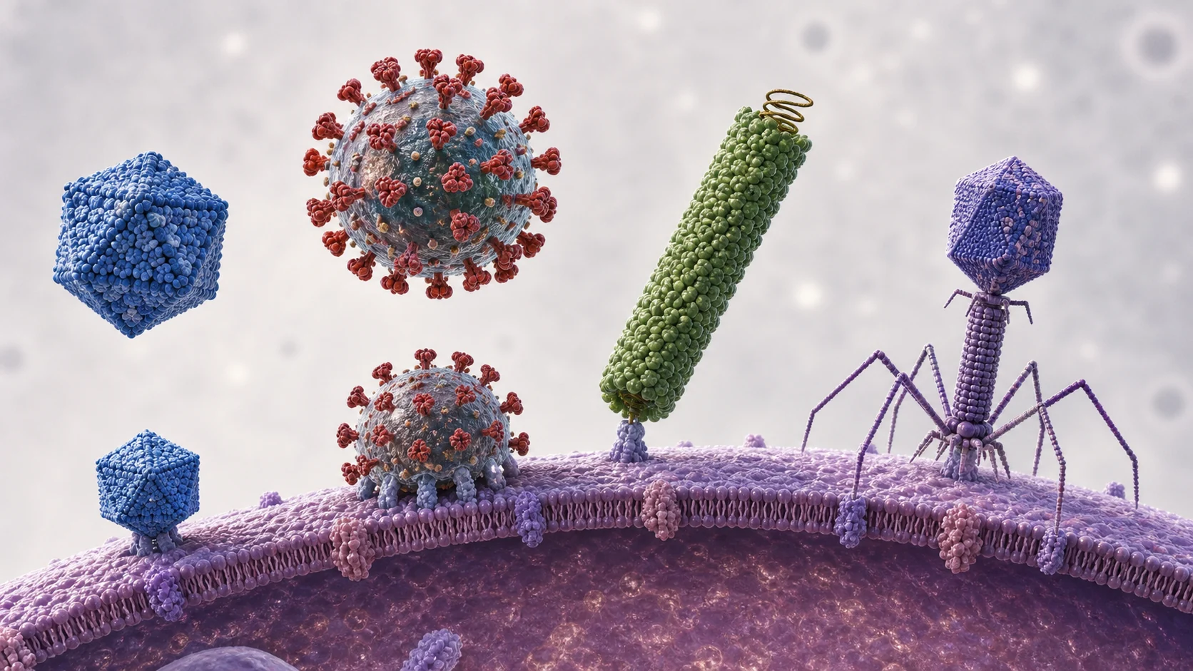 Virus icosaédricos, envueltos, helicoidales y bacteriófagos junto a una membrana celular