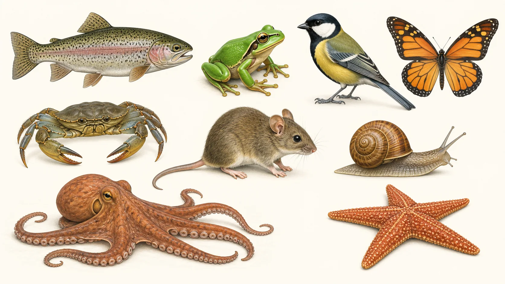 Diversidad animal con vertebrados e invertebrados representativos