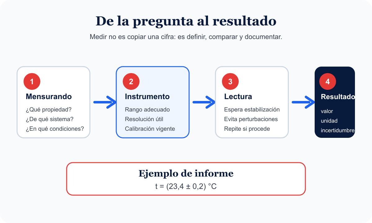 Cadena desde el mensurando y el instrumento hasta un resultado con unidad e incertidumbre.