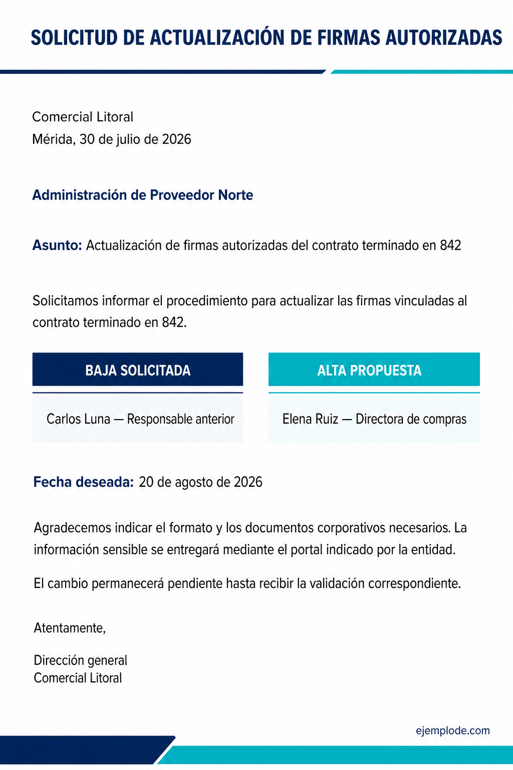 Carta completa para solicitar bajas y altas de firmas autorizadas sujetas a validación