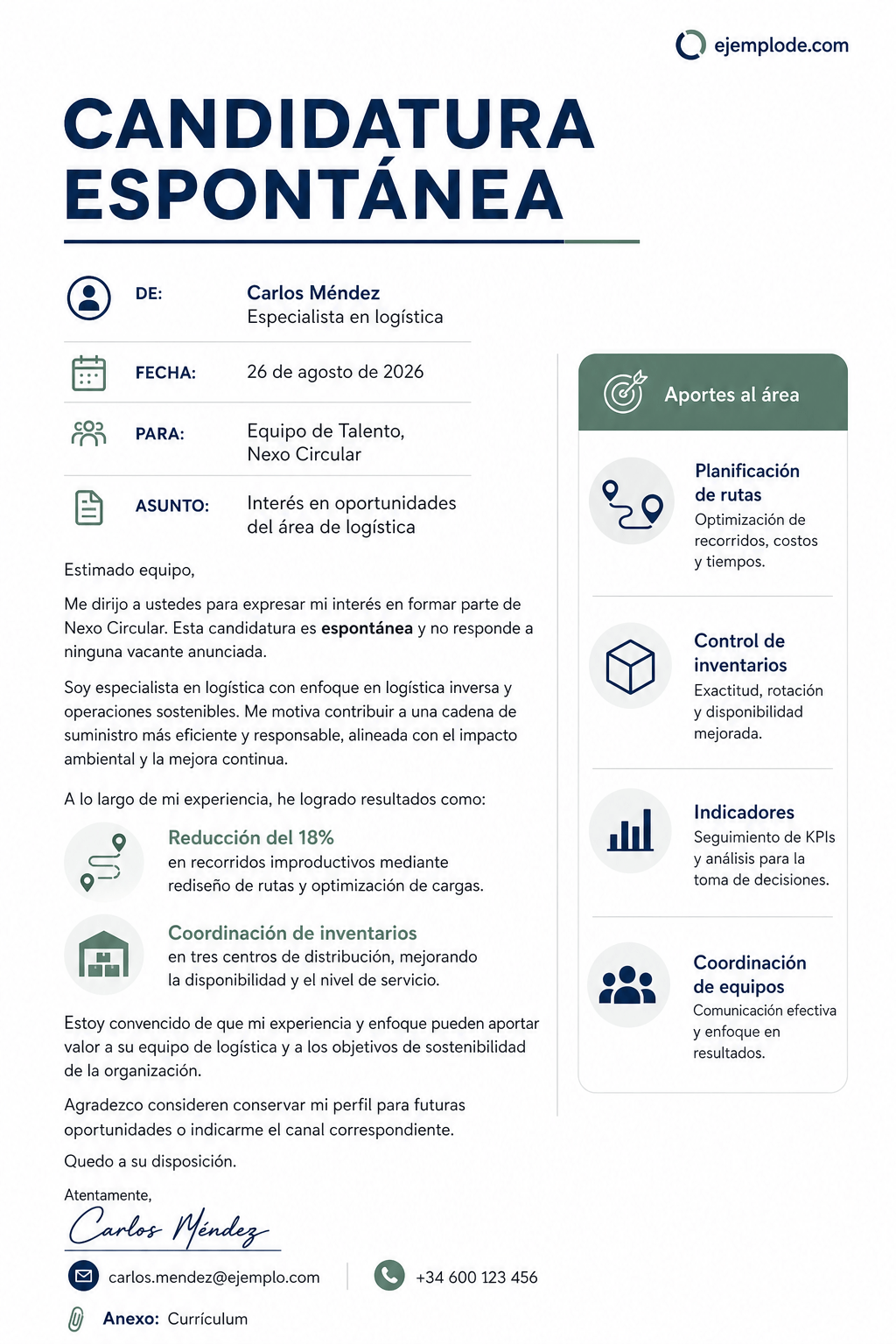 Carta completa de candidatura espontánea para logística con logros y aportes
