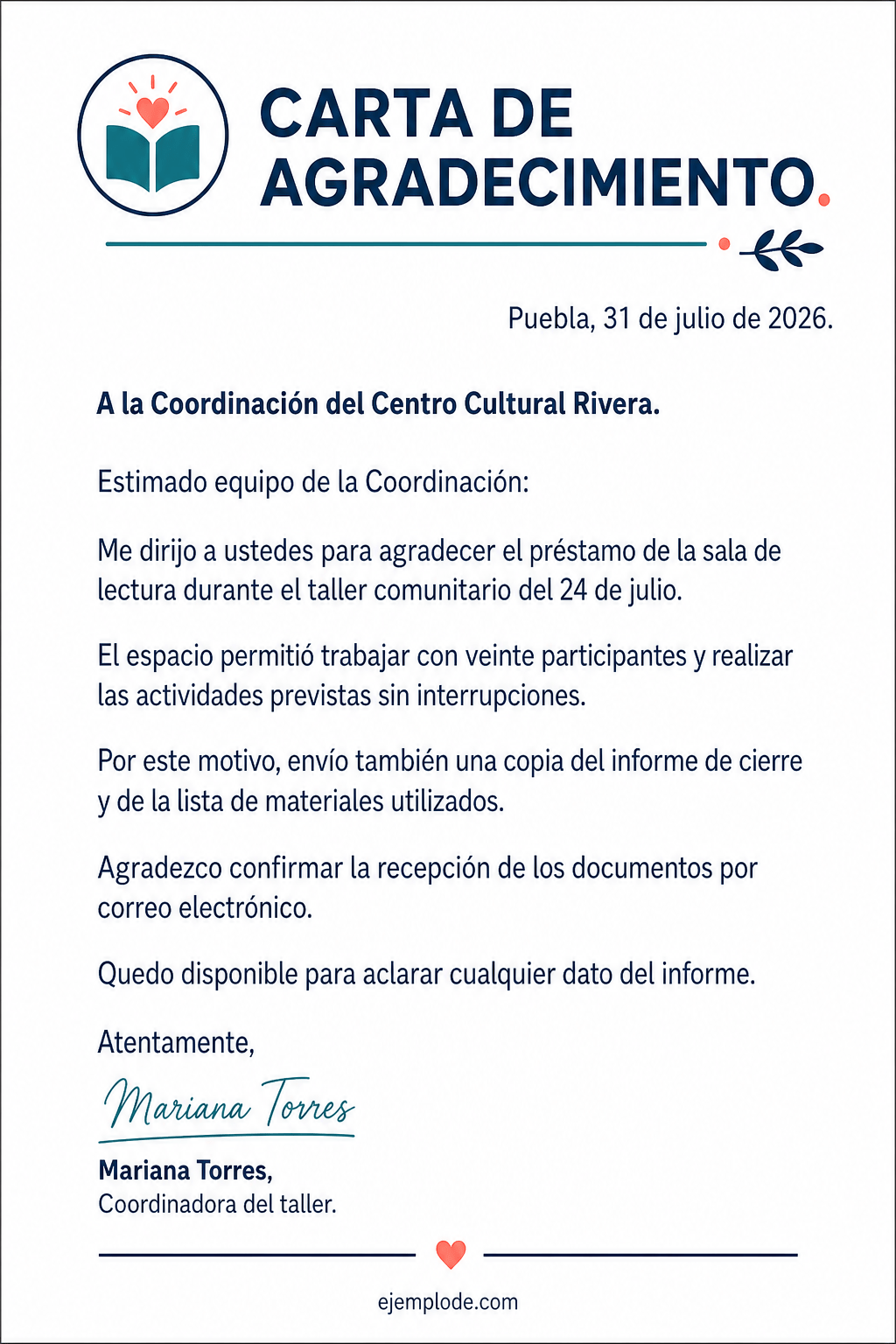 Carta completa de agradecimiento por el préstamo de una sala para un taller comunitario