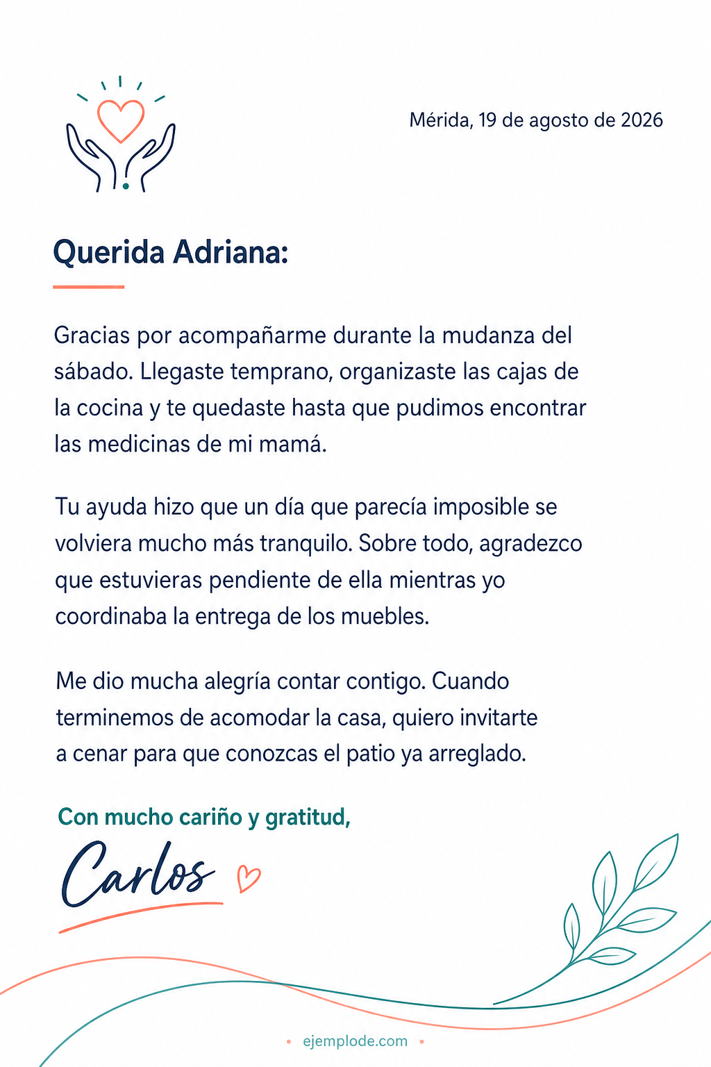 Carta de agradecimiento personal completa por una ayuda durante una mudanza